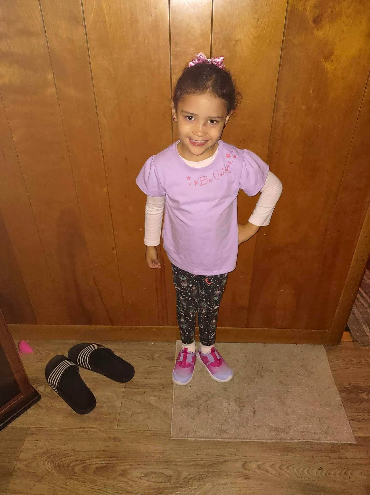 Makayla joined the competition — help win amazing prizes! baby_toddler_clothing, cool, door, floor, flooring, fun, happy, human_body, joy, knee, leg, magenta, pattern, person, pink, purple, shoulder, sleeve, smile, standing