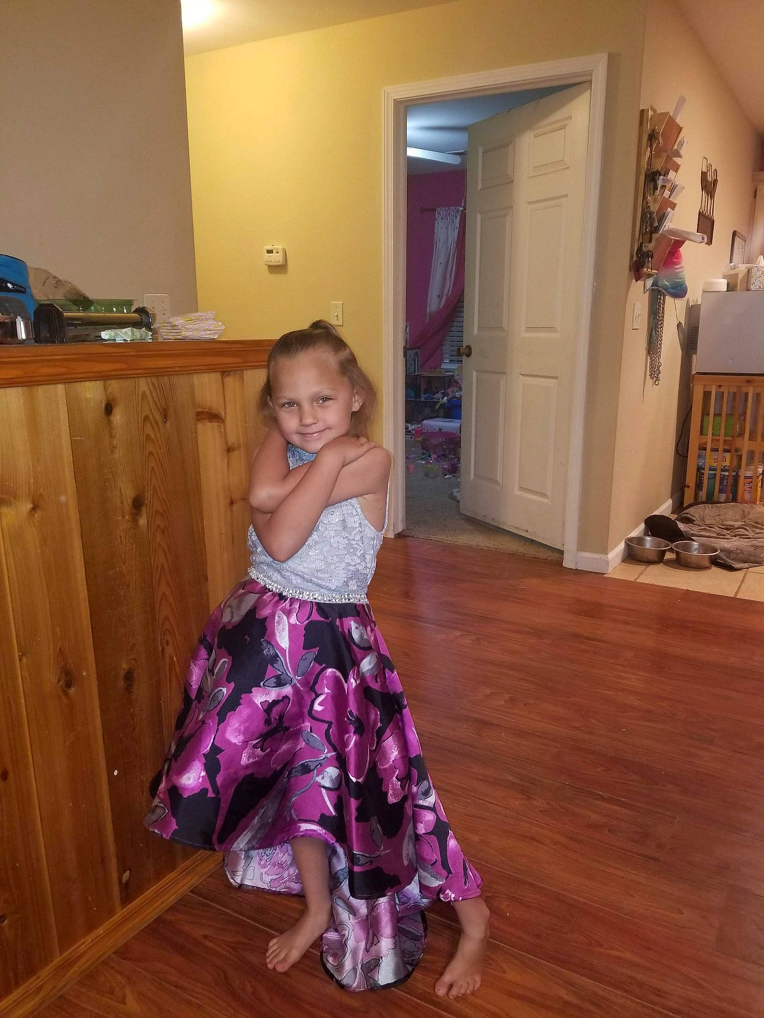 Brailynn joined the competition — help win amazing prizes! baby_toddler_clothing, cabinetry, door, dress, floor, flooring, hardwood, joy, laminate_flooring, magenta, person, pink, purple, standing, toddler, trunk, varnish, violet, waist, wood