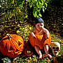 baby, pumpkin, jack_o_lantern, skull, autumn_leaves, fall, grass, hat, outdoor, halloween, infant, bare_torso, sitting, seasonal_decoration, holiday, portrait, costume, cute, nature, garden