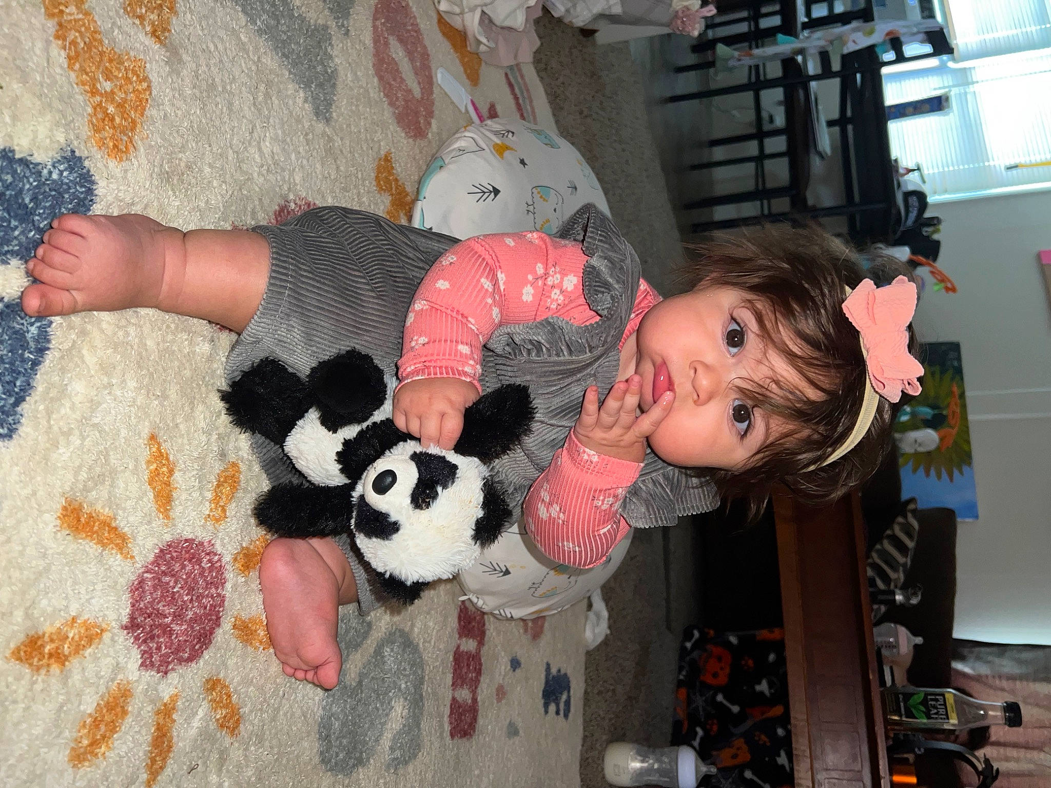 Marley Jean is registered to the contest to win money with this photo: baby, baby_toddler_clothing, child, companion_dog, dog_breed, flooring, fun, fur, hairstyle, human_leg, linens, mammal, non_sporting_group, pattern, person, pink, room, stuffed_toy, toddler, toy