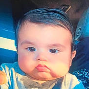Aiden joined the competition — help win amazing prizes! baby, blue, car_seat, child, chubby_cheeks, close_up, clothing, cute, expression, eyes, face, gray, hair, indoor, infant, person, portrait, pout, soft_lighting, young_child