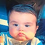baby, blue, car_seat, child, chubby_cheeks, close_up, clothing, cute, expression, eyes, face, gray, hair, indoor, infant, person, portrait, pout, soft_lighting, young_child