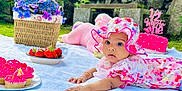 Diveinya joined the competition — help win amazing prizes! baby, child, floral_hat, pink_dress, blanket, cupcakes, strawberries, basket, flowers, outdoor, grass, cake, celebration, half_birthday, stone_wall, greenery, tablecloth, food, portrait, cute
