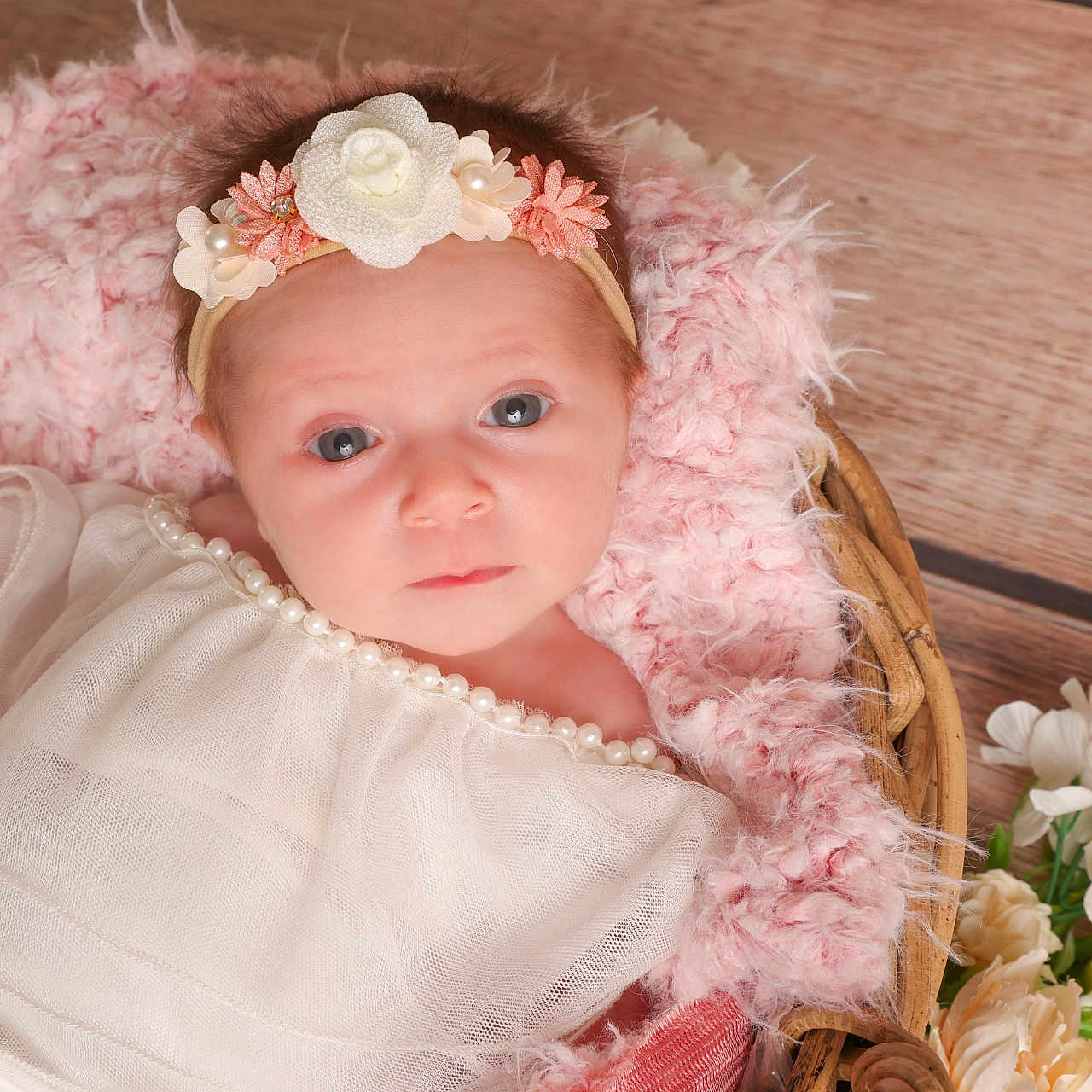 Lola participe au concours pour gagner de l'argent avec cette photo : baby, bodypart, bonnet, clothing, dress, face, finger, flower, flowerarrangement, flowerbouquet, hand, hardwood, hat, head, newborn, person, photography, plant, portrait, wood