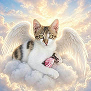 Tinours participe au concours pour gagner de l'argent avec cette photo : cat, kitten, wings, angel, clouds, sky, sunlight, sunset, portrait, animal, fur, white_fur, tabby, green_eyes, paw, toy, striped_toy, fantasy, heavenly, cute
