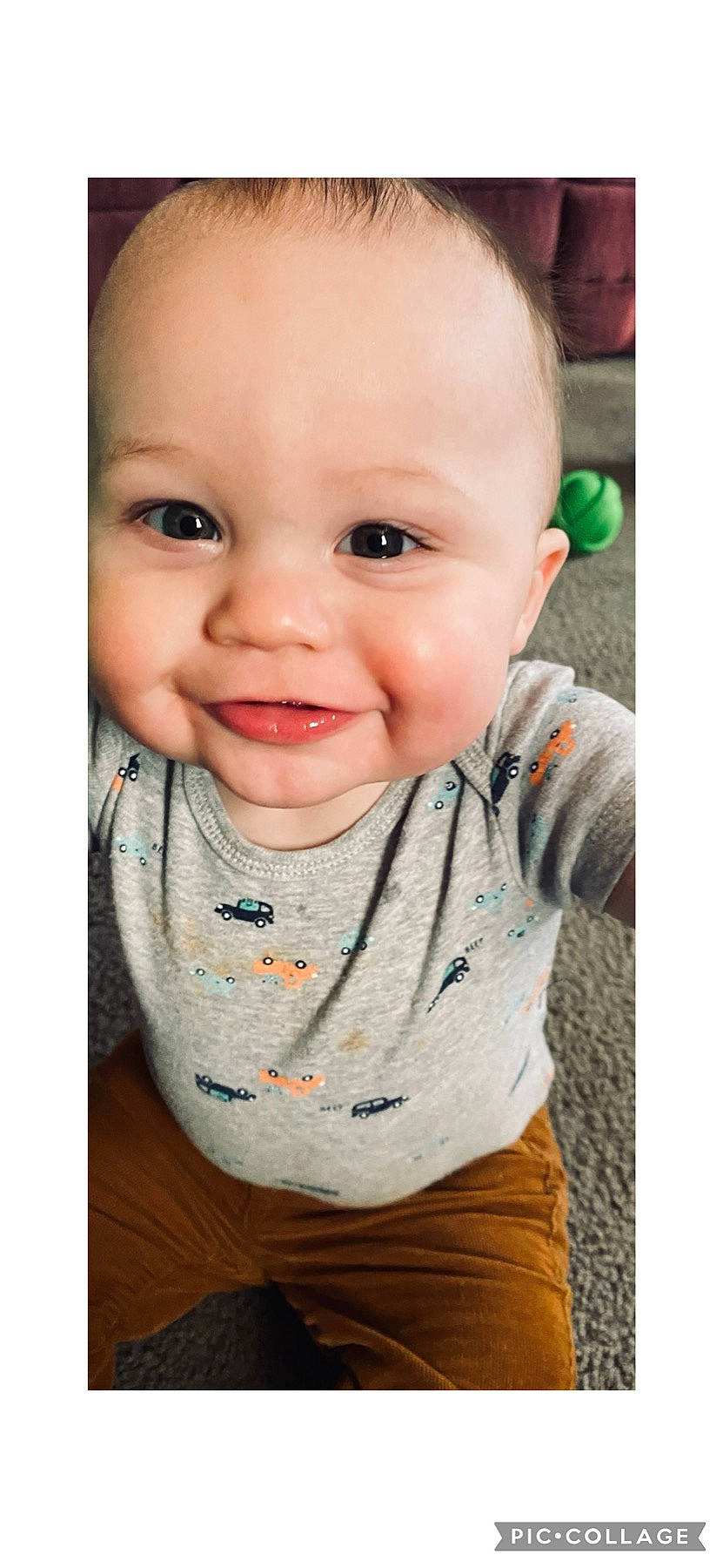 Jaxon joined the competition — help win amazing prizes! baby, baby_toddler_clothing, cheek, child, collar, flooring, grey, happy, iris, joy, lip, nose, outerwear, pattern, person, sitting, skin, sleeve, smile, t_shirt