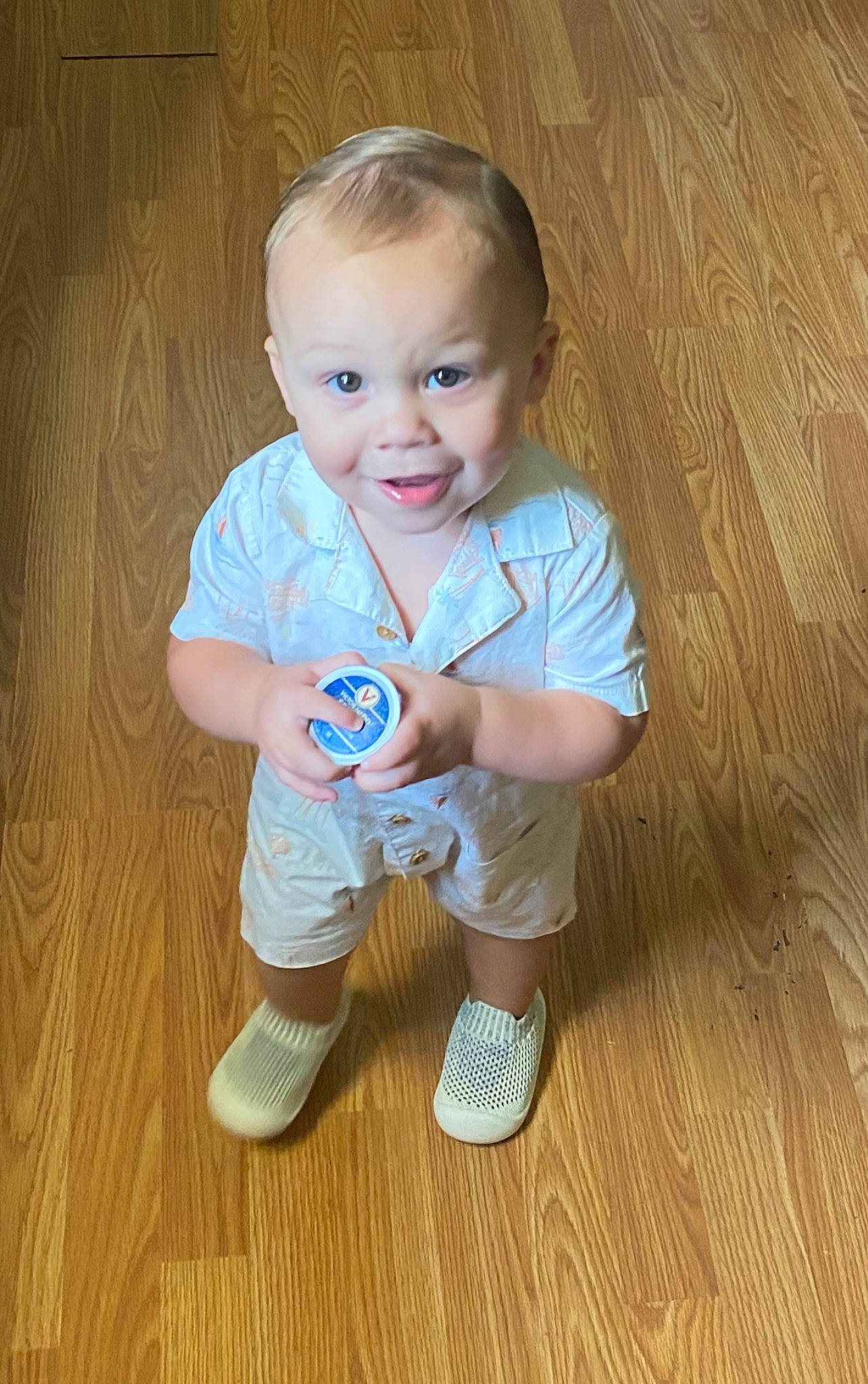 Jaxon joined the competition — help win amazing prizes! baby, baby_toddler_clothing, cheek, child, floor, flooring, happy, hardwood, human_leg, joy, person, sitting, skin, sleeve, smile, standing, t_shirt, toddler, varnish, wood