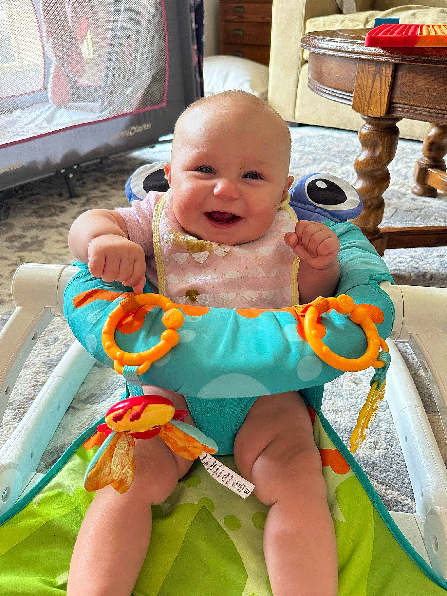 Haylin is registered to the contest to win money with this photo: baby, baby_toddler_clothing, beauty, chair, cheek, child, comfort, event, fun, happy, human_leg, joy, lap, leisure, person, pink, product, sitting, skin, smile