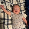 Sebastian is registered to the contest to win money with this photo: arm_outstretched, baby, bed, child, cute, face, happy, head, indoors, infant, lying_down, onesie, patterned_clothing, person, plaid_bedspread, resting, skin, sleepwear, smiling, young_child