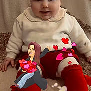 Kinsley a rejoint le concours — aidez-le/la à gagner de superbes lots ! baby, blanket, cartoon_overlay, child, cozy, cute, digital_sticker, happy, hearts, indoors, infant, playful, portrait, red_headband, red_socks, sitting, smiling, toddler, warm_colors, white_sweater