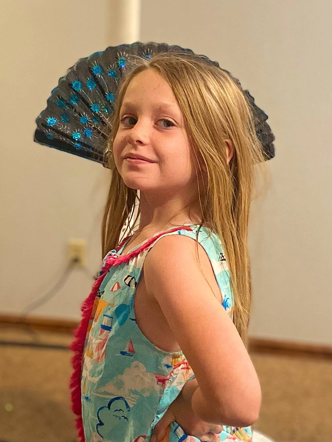 Kennedy joined the competition — help win amazing prizes! bangs, blond, brown_hair, child, day_dress, dress, electric_blue, eyelash, fashion_accessory, fashion_design, fun, happy, hat, headpiece, iris, joy, long_hair, pattern, person, skin