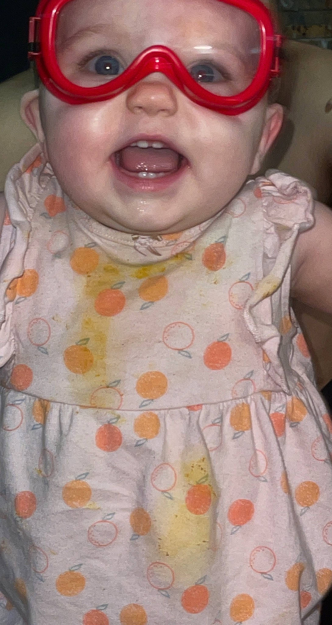 Zeplyn is registered to the contest to win money with this photo: baby, baby_toddler_clothing, cheek, clothing, dress, eye, eyewear, glasses, goggles, lip, neck, nose, orange, outerwear, person, pink, skin, sleeve, sunglasses, vision_care