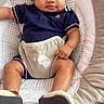 arms, baby, baby_shoes, bunny_design, car_seat, child, close_up, diaper_cover, face, indoor, infant, legs, looking_at_camera, navy_shirt, patterned_fabric, portrait, seated, serious_expression, travel, vehicle_interior