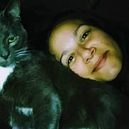 Smokey is registered to the contest to win money with this photo: animal, blanket, cat, closeup, companion, cozy, dark, face, feline, friendship, fur, gray_cat, indoor, night, person, pet, portrait, resting, smile, white_chest