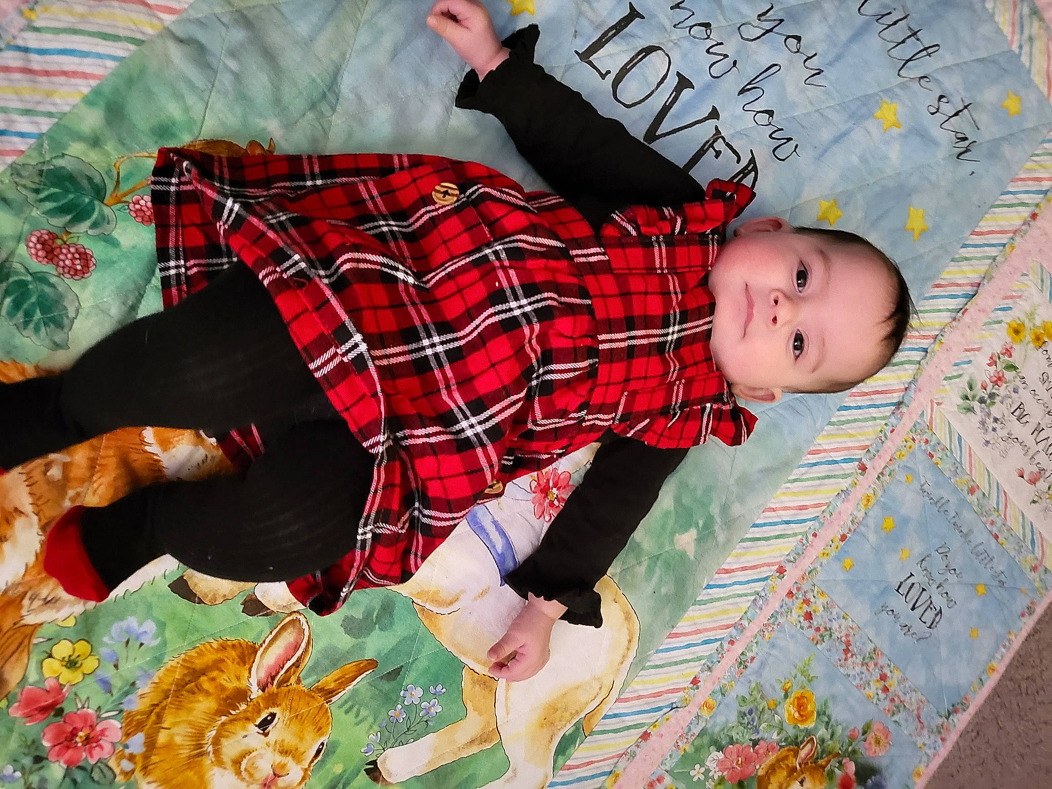 Ada joined the competition — help win amazing prizes! baby, baby_toddler_clothing, bed, child, comfort, design, dress, fun, green, linens, pattern, person, plaid, plant, room, sleeve, sock, tartan, textile, toddler