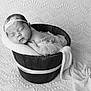 baby, newborn, sleeping, bucket, headband, lace, knit_blanket, monochrome, black_and_white, portrait, cute, peaceful, infant, soft_texture, fabric, cozy, resting, child, adorable, photography