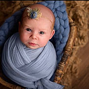 Nevaeh is registered to the contest to win money with this photo: baby, infant, portrait, wrapped, blue_cloth, headband, flower, basket, knit_blanket, cute, looking_up, soft_light, newborn, child, indoors, wooden_floor, close_up, face, expression, peaceful
