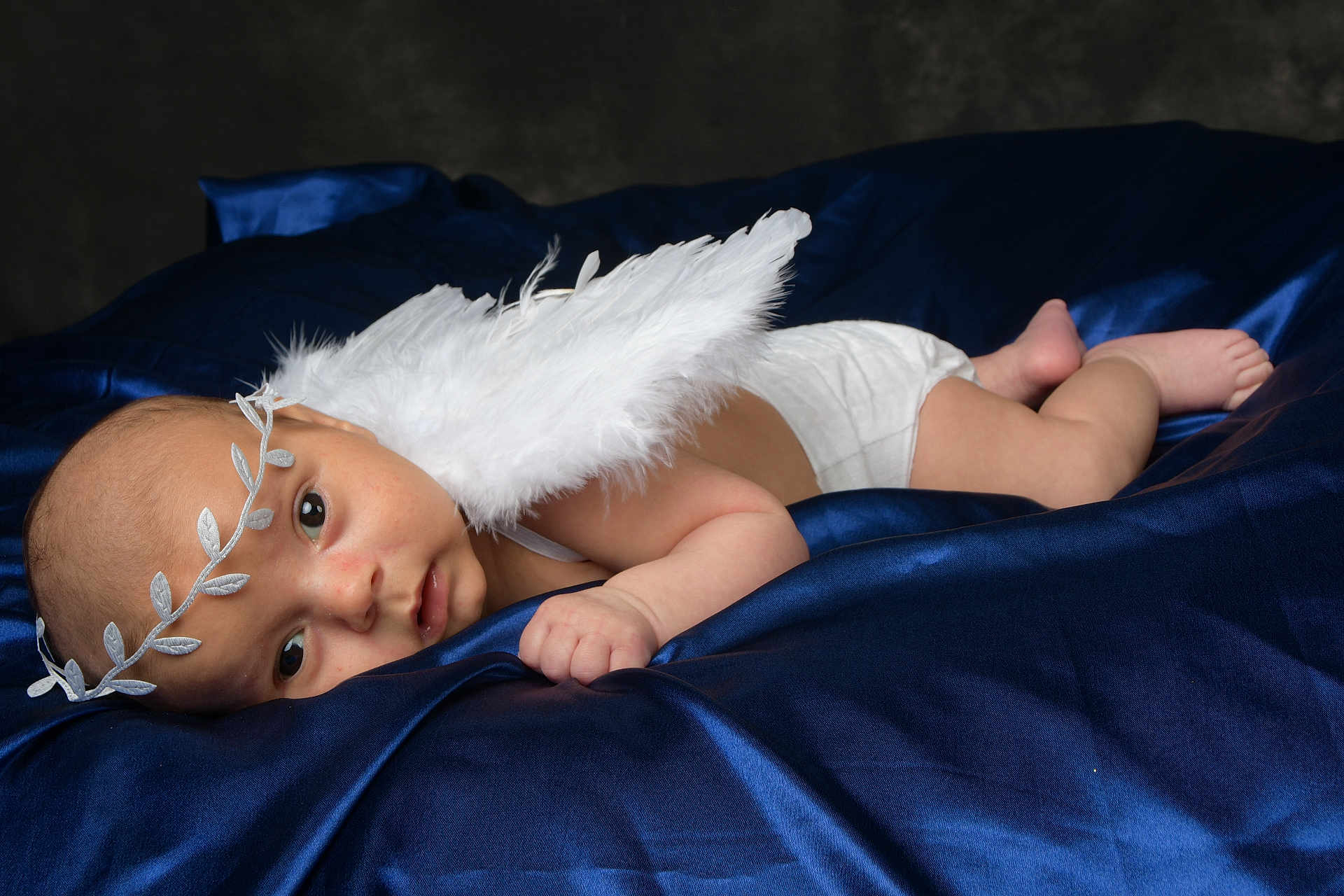 Elyes a rejoint le concours — aidez-le/la à gagner de superbes lots ! angel_wings, baby, blanket, blue_satin, costume, cute, diaper, expression, face, feet, hand, headband, infant, lying_down, newborn, portrait, skin, sleeping_area, soft_lighting, studio