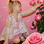 Amanda joined the competition — help win amazing prizes! child, girl, smiling, lace_dress, pink_dress, roses, flowers, pink_background, sitting, happy, portrait, flower_arrangement, green_leaves, indoor, cute, young_girl, kneeled, long_sleeves, fair_skin, blonde_hair