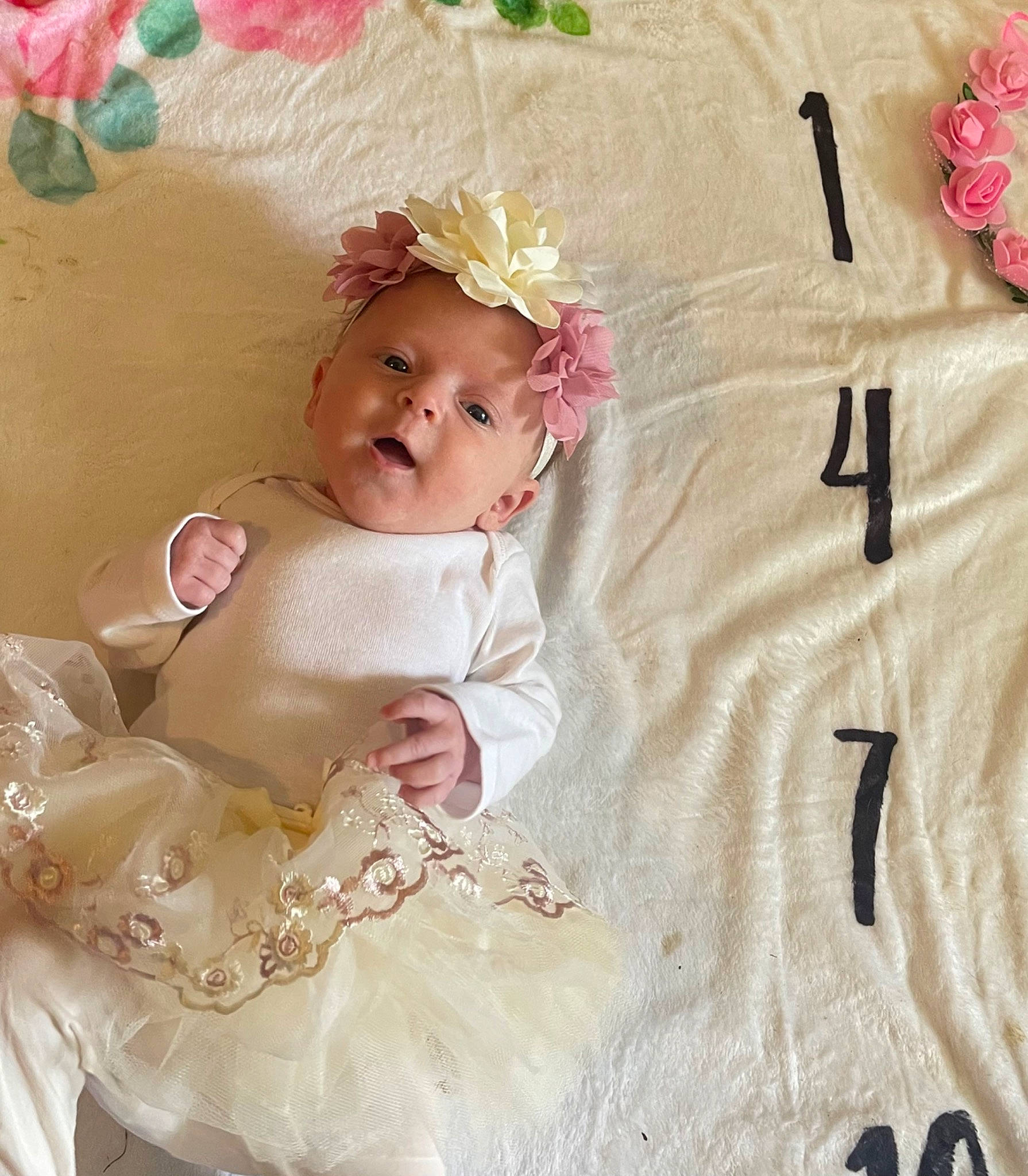 Elizabeth is registered to the contest to win money with this photo: baby, baby_toddler_clothing, bridal_accessory, child, dress, embellishment, event, fashion_accessory, hair_accessory, headband, headpiece, headwear, linens, magenta, pattern, peach, person, pink, product, sleeve