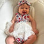 Valentina is registered to the contest to win money with this photo: baby, infant, smiling, headband, dress, white, red, blue, sitting, cushion, seat, happy, cute, child, portrait, indoors, skin, person, apparel, baby_girl