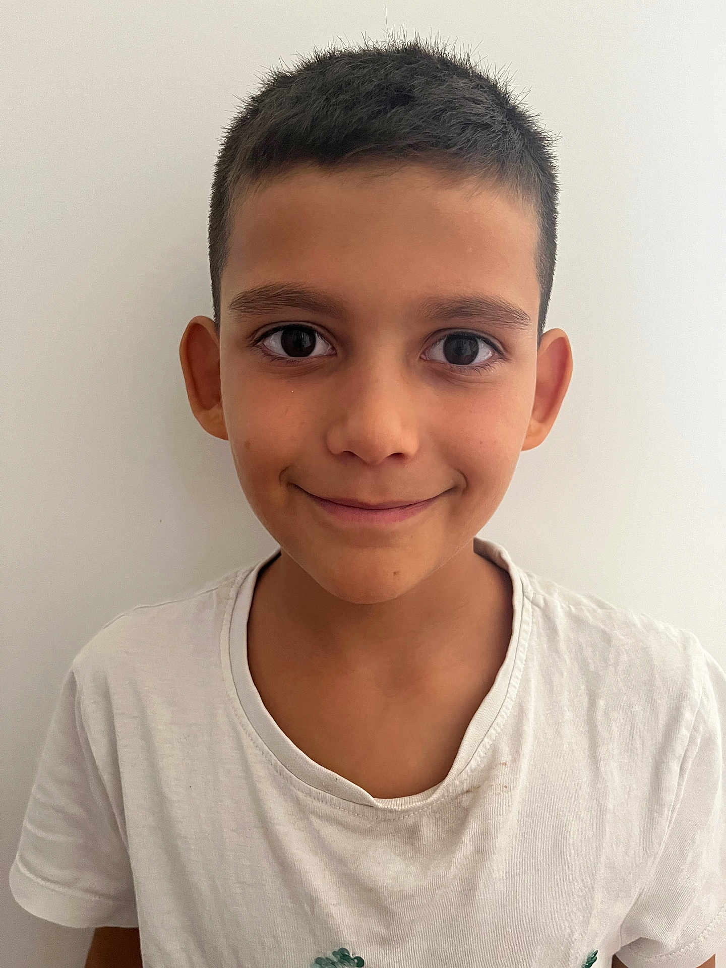 Lorenzo participe au concours pour gagner de l'argent avec cette photo : child, boy, smile, short_hair, white_tshirt, portrait, face, young, casual_clothing, indoors, neutral_background, person, head_and_shoulders, friendly, looking_at_camera, human, skin, eyebrows, ears, expression