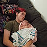 baby, blanket, child, couch, cuddling, family, home, indoors, infant, newborn, parenting, peaceful, portrait, red_hair, sitting, sleeping, striped_blanket, swaddled, young_father, 抱抱
