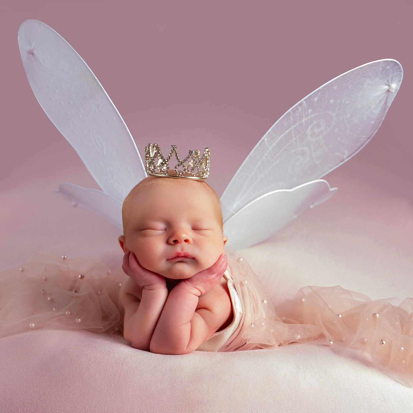 Harper joined the competition — help win amazing prizes! adorable, baby, closeup, costume, crown, cute, delicate, fairy_wings, head_support, infant, newborn, peaceful, pearl_details, pink_background, portrait, resting, sleeping, soft_fabric, studio_shot, tulle