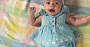 Jessalynn joined the competition — help win amazing prizes! adorable, baby, blanket, blue_outfit, child, close_up, dress, headband, infant, lying_down, outdoorless, pastel_colors, plaid, portrait, raised_arm, romper, smiling, soft_lighting, textile, wide_eyes