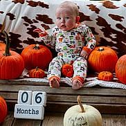 Hunter Jr is registered to the contest to win money with this photo: baby, pumpkin, halloween, six_months, milestone, pajamas, orange, white_pumpkin, wooden_bench, cow_print_blanket, fall, outdoor, child, cute, portrait, seasonal, holiday, decor, smiling, celebration