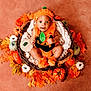baby, pumpkin_costume, basket, autumn_leaves, decorative_pumpkins, orange, fall_theme, infant, cute, portrait, holiday, seasonal, cozy, soft_blanket, holiday_costume, child, festive, smiling, sitting, adorable