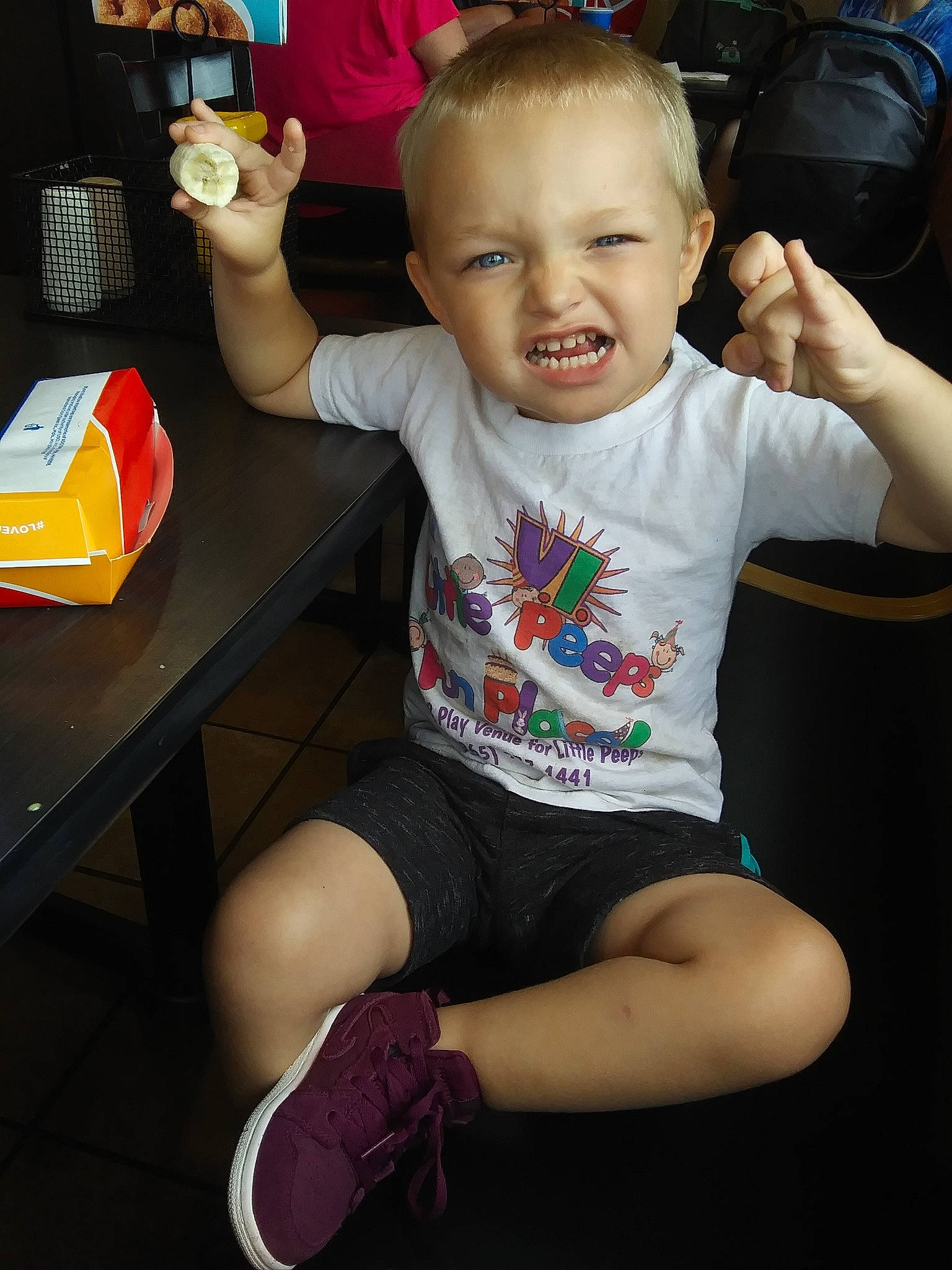 Roman is registered to the contest to win money with this photo: arm, baby, cheek, child, finger, fun, joint, joy, leg, person, play, sitting, smile, t_shirt, thigh, toddler