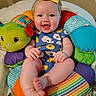 baby, child, smiling, headband, yellow_bow, colorful_cushion, plush_toy, happy, cute, indoors, seated, blue_onesie, patterned_clothing, infant, person, portrait, soft_toy, bright_colors, cheerful, baby_feet
