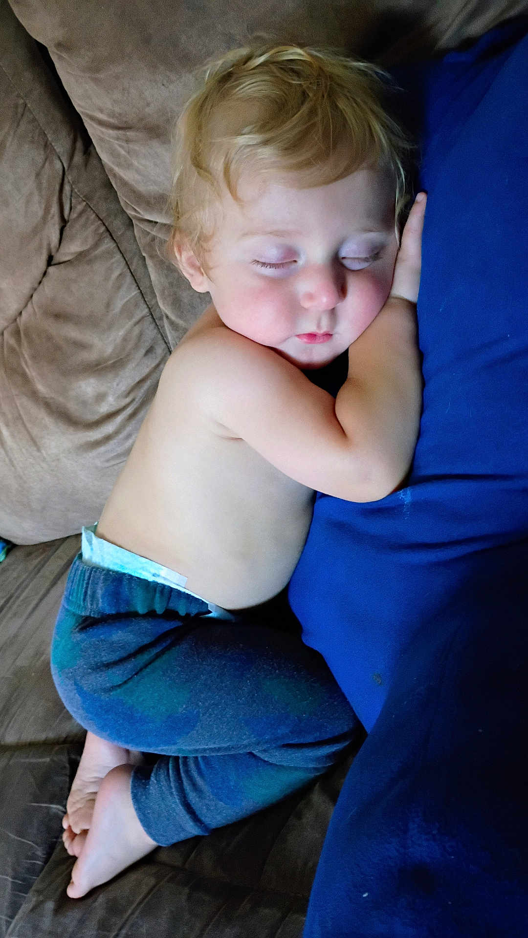 Hyland is registered to the contest to win money with this photo: toddler, sleeping, couch, blue_pillow, bare_chest, curled_up, child, nap, cozy, blond_hair, soft_skin, relaxed, indoor, home, comfort, peaceful, cute, young_child, pajamas, feet
