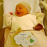 Lola participe au concours pour gagner de l'argent avec cette photo : newborn, baby, infant, sleeping, blanket, hat, hospital, crib, clothing, card, birth_details, cute, soft, cozy, indoor, child, peaceful, resting, wrapped, toddler