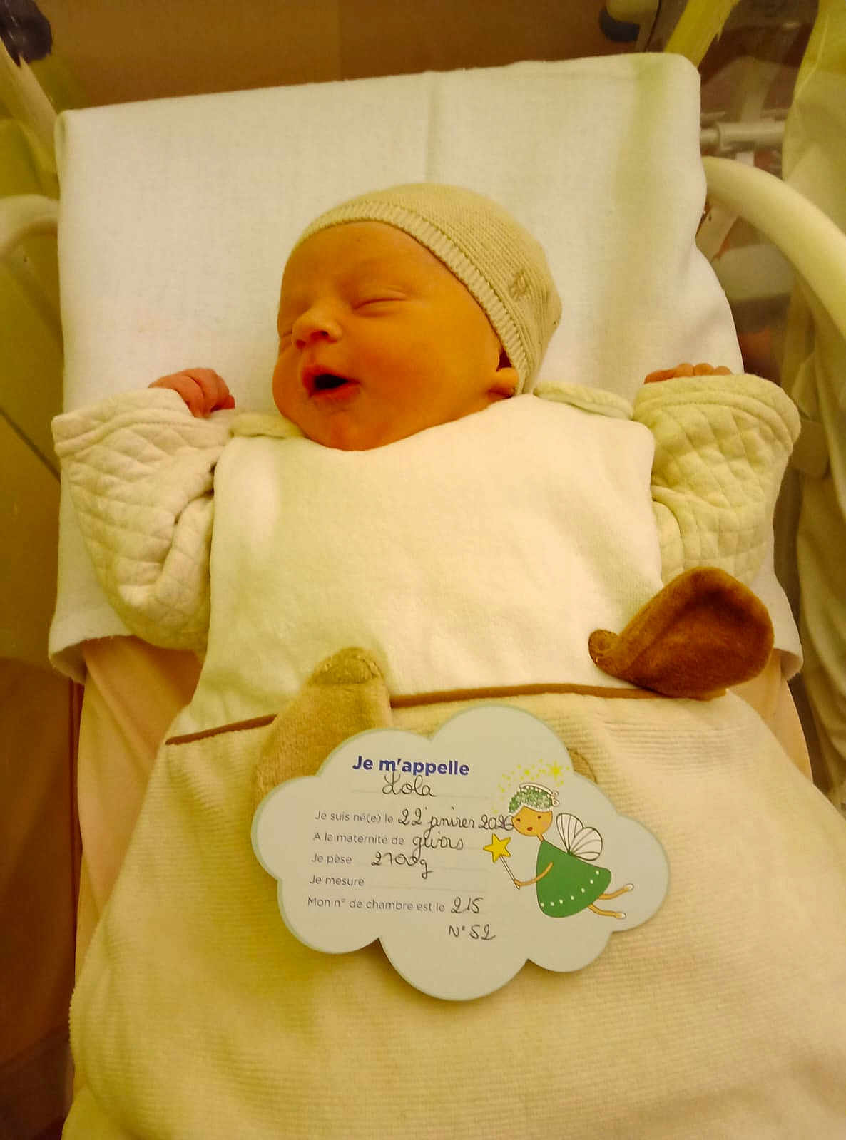 Lola participe au concours pour gagner de l'argent avec cette photo : newborn, baby, infant, sleeping, blanket, hat, hospital, crib, clothing, card, birth_details, cute, soft, cozy, indoor, child, peaceful, resting, wrapped, toddler