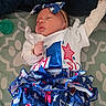 newborn, baby, infant, sleeping, headband, clothing, dress, ruffles, blue, red, white, pattern, blanket, pacifier, cute, peaceful, laying, portrait, indoors, child