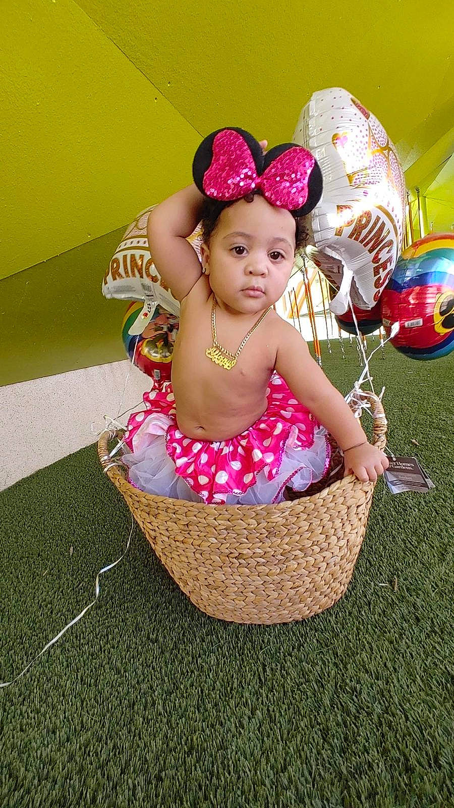 Alianys is registered to the contest to win money with this photo: baby, baby_toddler_clothing, balloon, basket, child, event, fashion_accessory, fun, grass, happy, hat, headband, leisure, magenta, party_supply, people_in_nature, person, pink, recreation, storage_basket