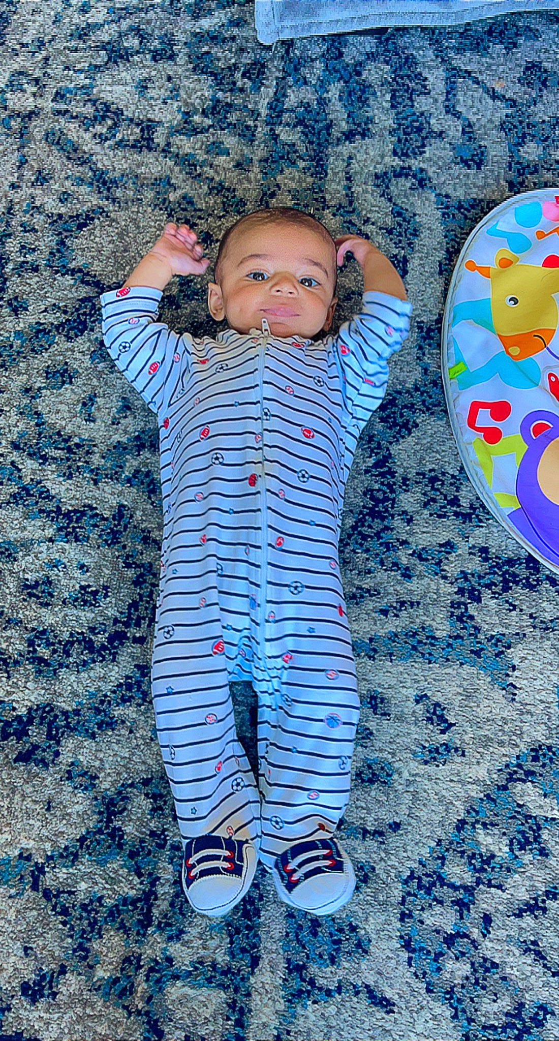 Kobe joined the competition — help win amazing prizes! art, azure, baby, baby_toddler_clothing, blue, child, electric_blue, fun, gesture, happy, leisure, linens, pattern, people_in_nature, person, play, sleeve, t_shirt, textile, toddler