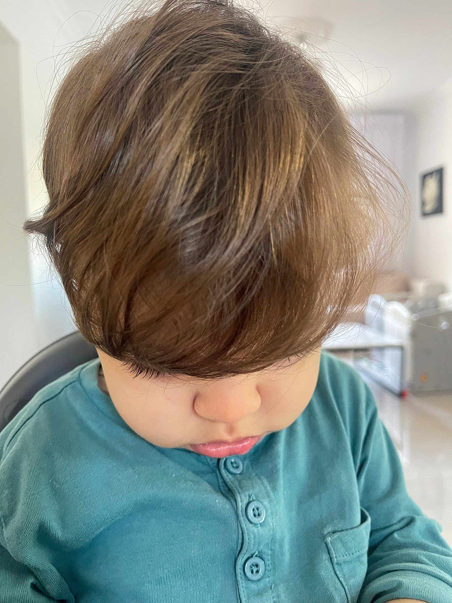 Amir a rejoint le concours — aidez-le/la à gagner de superbes lots ! toddler, child, hair, brown_hair, looking_down, blue_shirt, buttoned_shirt, indoor, home, portrait, young_child, face, curly_hair, casual_clothing, childhood, person, cute, soft_light, closeup, contemplative