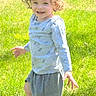 Joyce joined the competition — help win amazing prizes! child, toddler, curly_hair, smiling, outdoor, grass, sunlight, blue_shirt, gray_shorts, sneakers, happy, walking, person, nature, summer, playful, young_child, casual_clothing, daylight, greenery