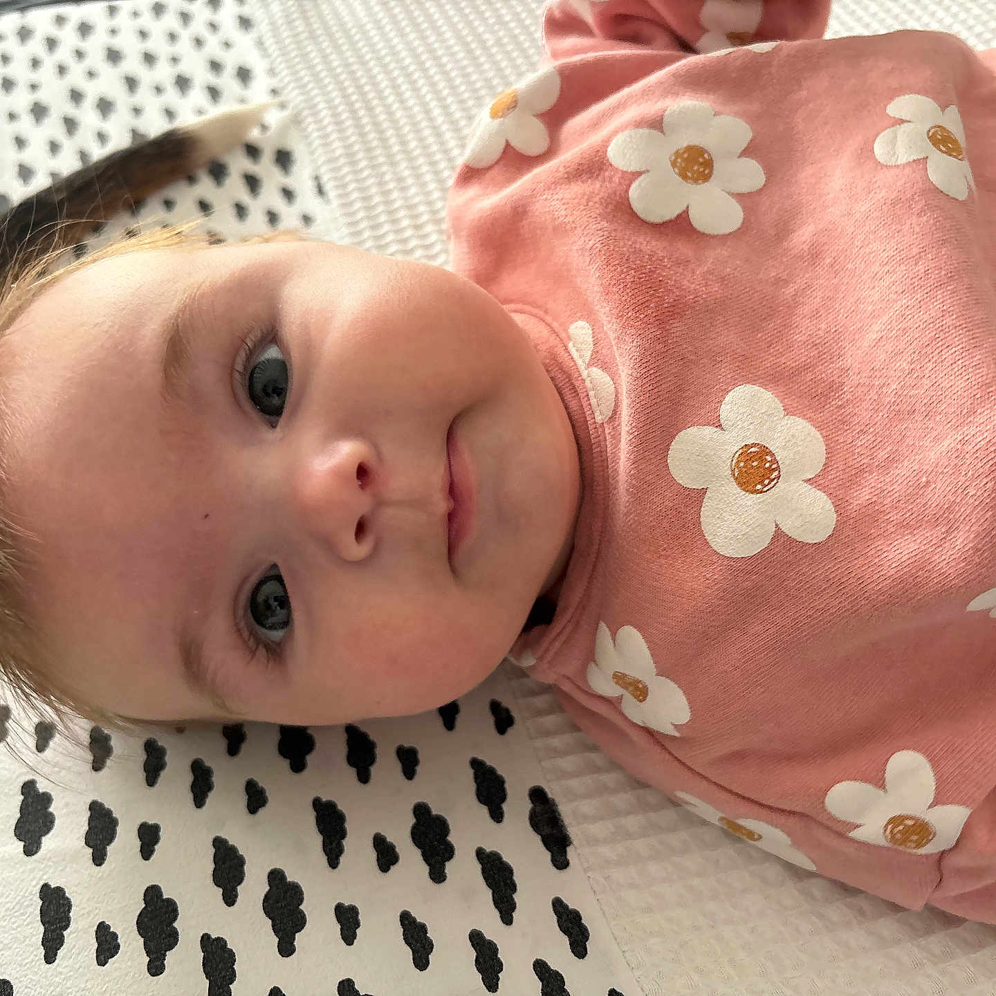 Héléna participe au concours pour gagner de l'argent avec cette photo : adorable, baby, blanket, child, closeup, cute, expression, eyes, face, floral_pattern, head, indoors, infant, lying_down, patterned_blanket, pink_clothing, portrait, skin, soft_texture, young_child