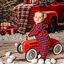 baby, child, christmas_gifts, curious, cute, decorations, festive, floor_pattern, holiday, holiday_decor, indoor, plaid_pajamas, red_car, red_truck, seasonal, snowballs, standing, toy_car, vintage_toy, winter_theme