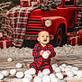 Oakley is registered to the contest to win money with this photo: baby, child, christmas_gifts, cute, decorations, festive, floor, holiday, indoor, joyful, pine_branches, plaid, portrait, red_pajamas, seasonal, sitting, smiling, snowballs, vintage_truck, winter