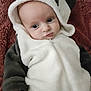 Matteo participe au concours pour gagner de l'argent avec cette photo : baby, infant, panda_onesie, hooded_clothing, white, black, soft_fabric, blanket, closeup, portrait, cute, child, young, face, expression, indoor, cozy, warm, sleepwear, small_hand