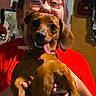 person, dog, glasses, indoor, happy, smiling, pet, brown_dog, tongue_out, holding, red_shirt, face, hands, nail_polish, home, background, warm_light, cozy, cute, animal