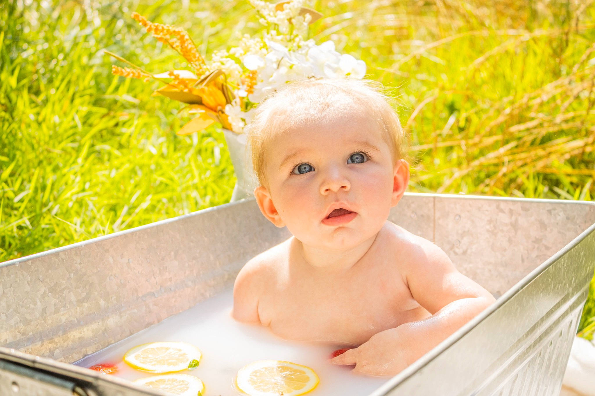 Brelyn joined the competition — help win amazing prizes! baby, baby_food, baby_toddler_clothing, bathing, bowl, child, fun, grass, happy, leisure, people_in_nature, person, plant, portrait_photography, sitting, smile, table, tableware, toddler, tree