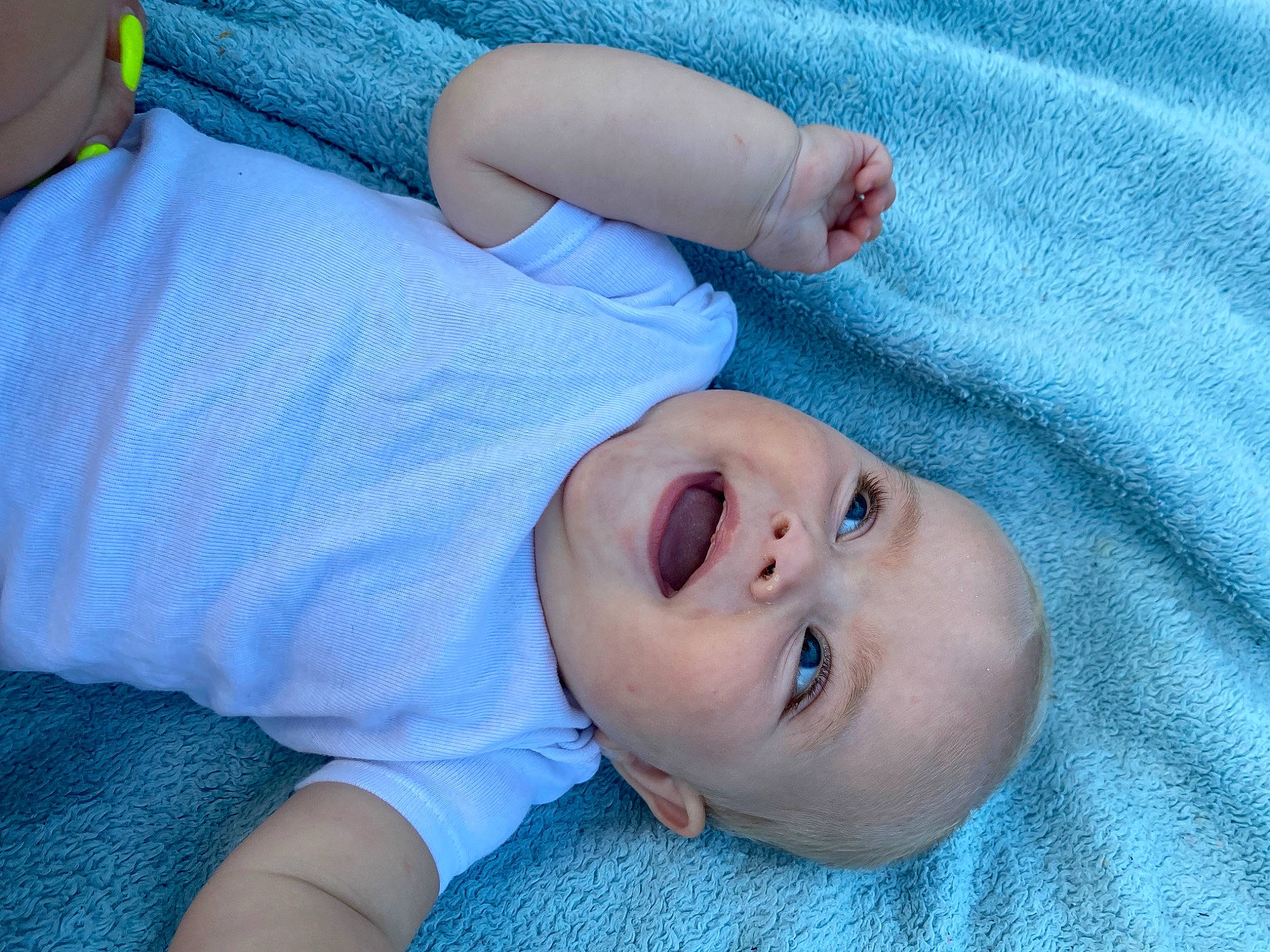 Averie joined the competition — help win amazing prizes! baby, baby_toddler_clothing, blue, cheek, child, chin, comfort, electric_blue, face, gesture, grass, iris, lip, mouth, nose, person, skin, sleeve, smile, toddler
