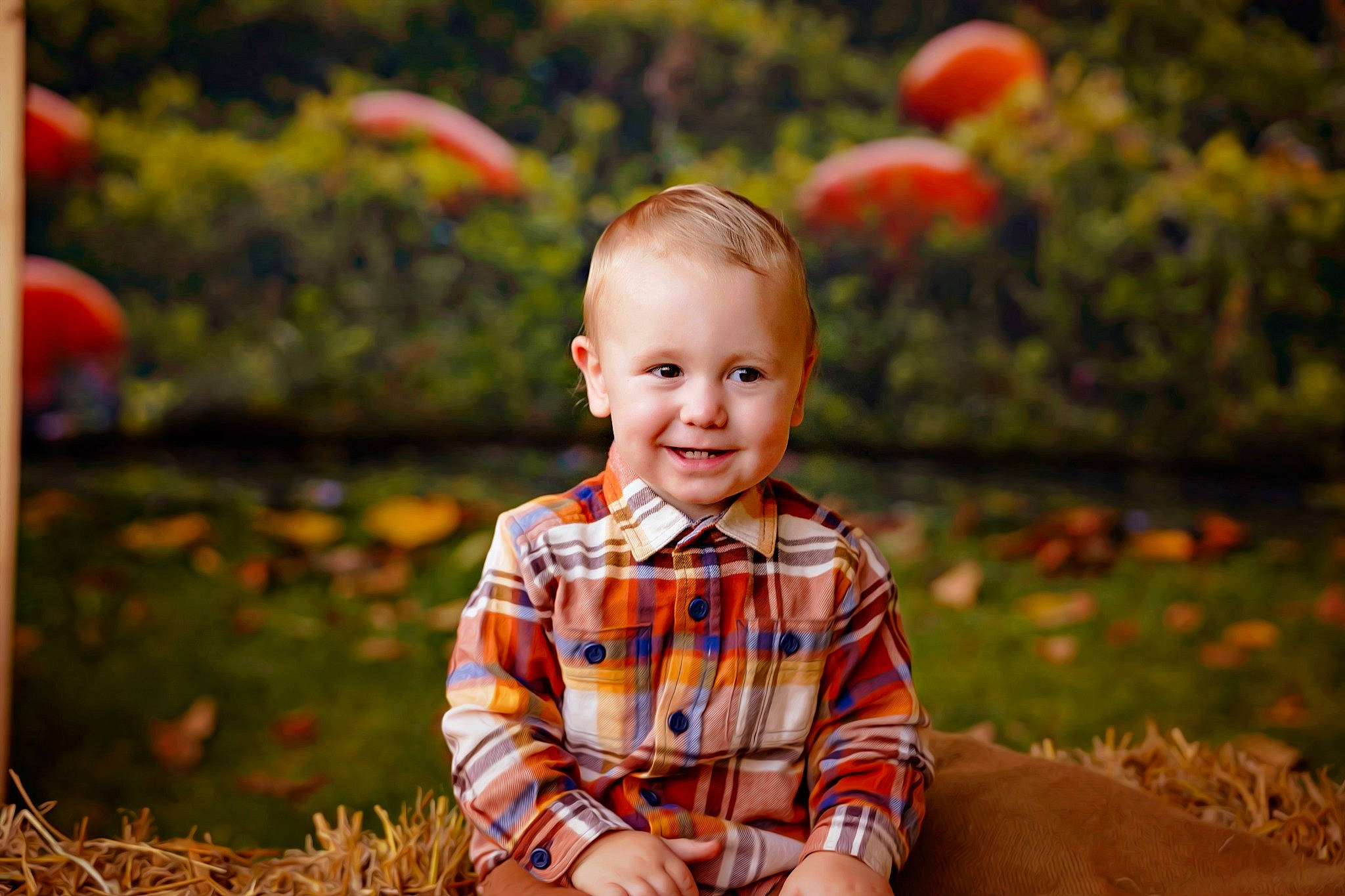 Isaiah is registered to the contest to win money with this photo: baby, baby_toddler_clothing, eye, face, flash_photography, grass, happy, head, joy, leaf, morning, orange, people, people_in_nature, person, plant, smile, summer, sunlight, toddler