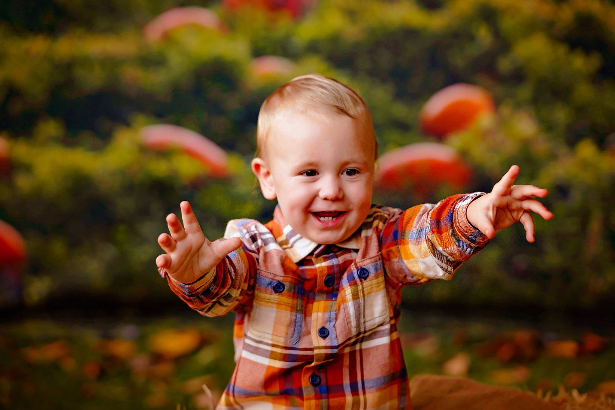 Isaiah joined the competition — help win amazing prizes! baby, baby_toddler_clothing, eye, face, flash_photography, fun, gesture, grass, happy, joy, leisure, natural_landscape, orange, people_in_nature, person, plant, playing_with_kids, smile, sunlight, thumb